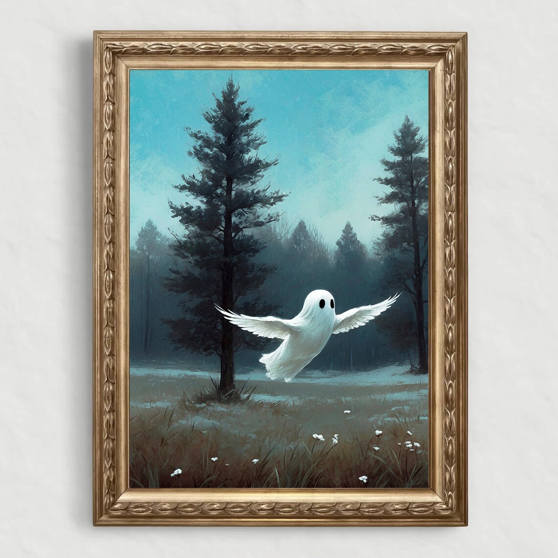 Ghost With White Wings Flying Over Misty Pine Forest Moody Painting Poster - Image 4