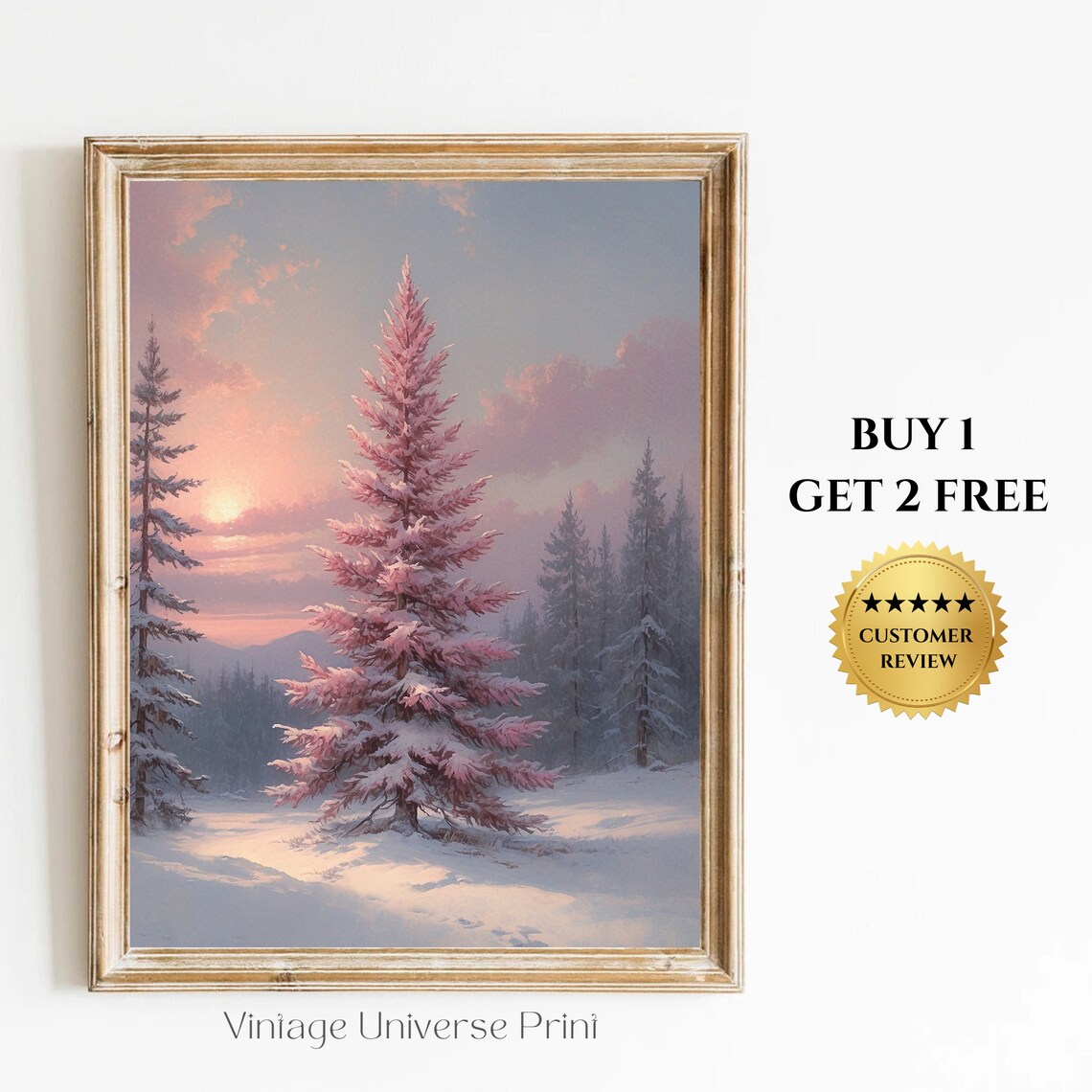 Pink Snowy Pine Tree At Sunset Winter Scene Christmas Poster