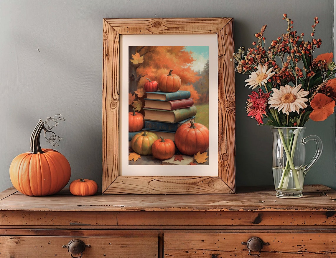 Stack Of Books With Pumpkins Cozy Autumn Fall Reading Painting Poster - Image 2