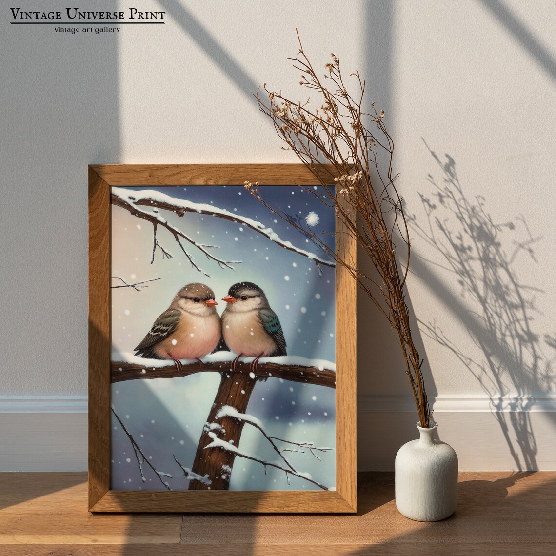 Two Birds on Snowy Branch Winter Vintage Oil Painting Poster - Image 3
