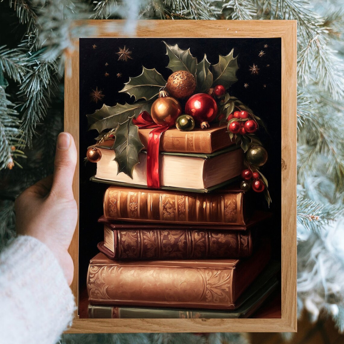 Vintage Books with Christmas Ornaments and Holly Still Life Print - Image 3