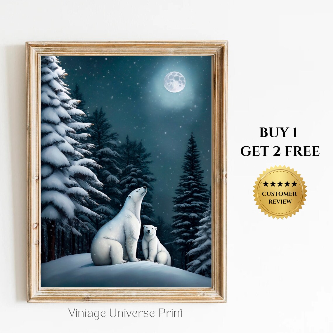 Polar Bear and Cub Under Moonlight Snowy Forest Night Poster