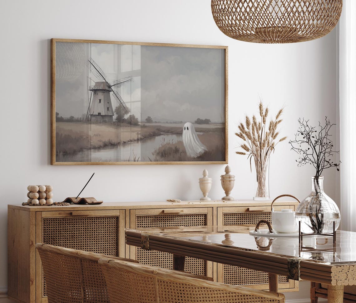 Ghost And The Windmill Painting Rustic Fall Landscape Ghost Spooky Ghost Painting Cute Ghost Art Farmhouse Wall Art Halloween - Image 2