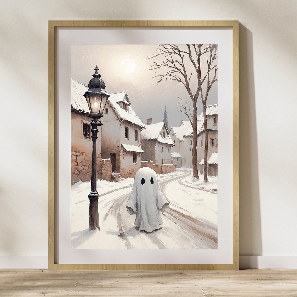 Ghost on Moonlit Snowy Village Lane by Old Street Lamp Print - Image 4