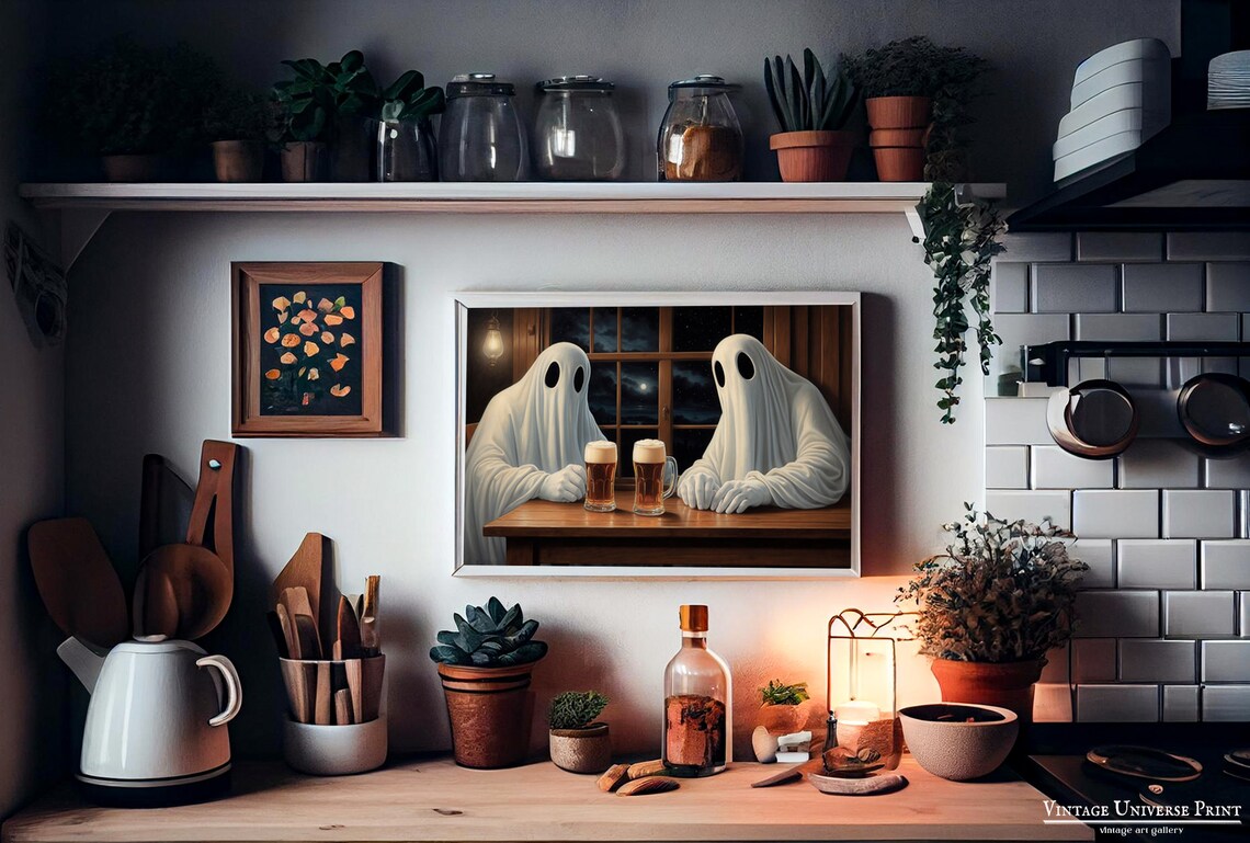 Two Ghosts Sharing Beers at a Wooden Table by a Night Window Funny Poster - Image 2