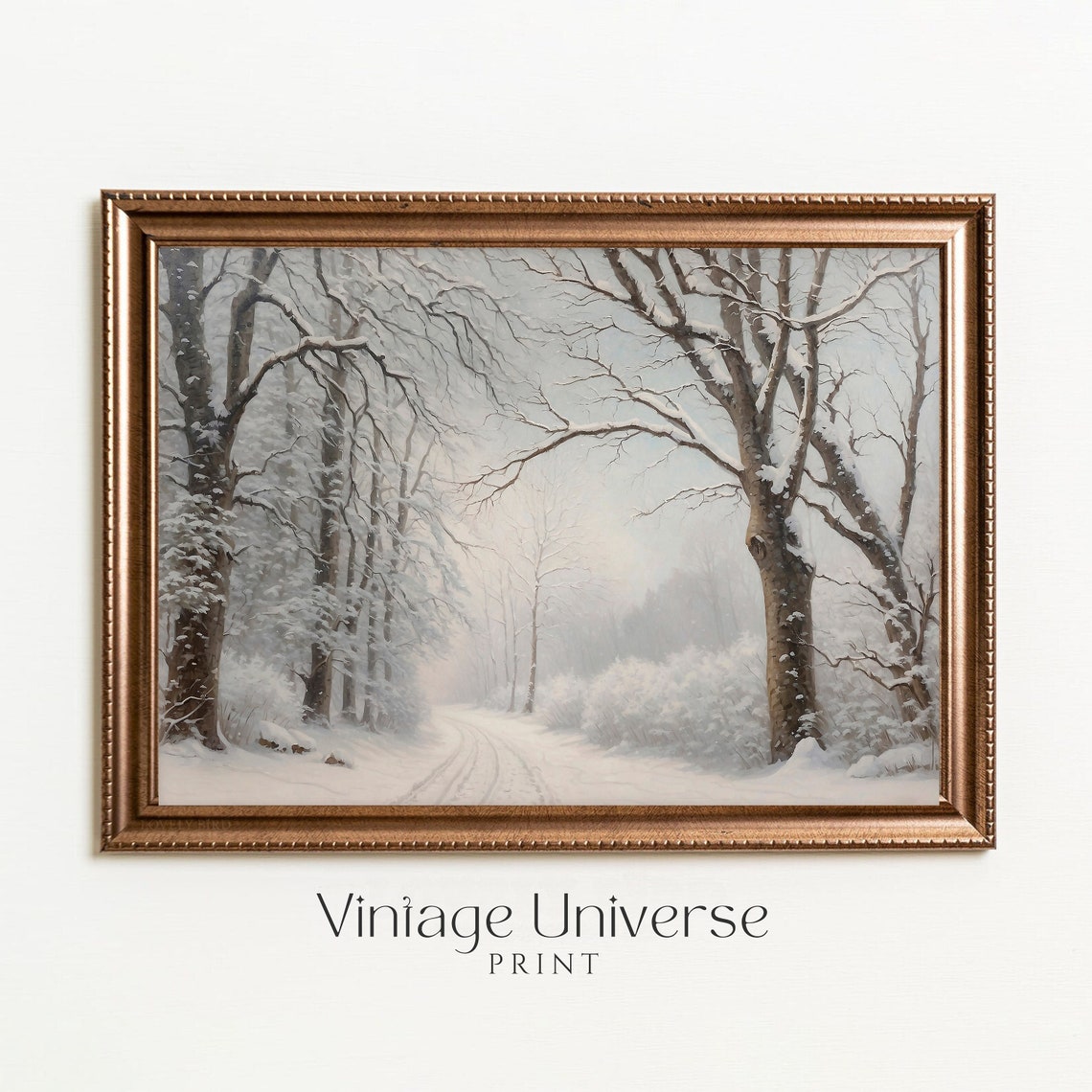 Snow Covered Winter Forest Path With Bare Trees In Soft White Poster - Image 5