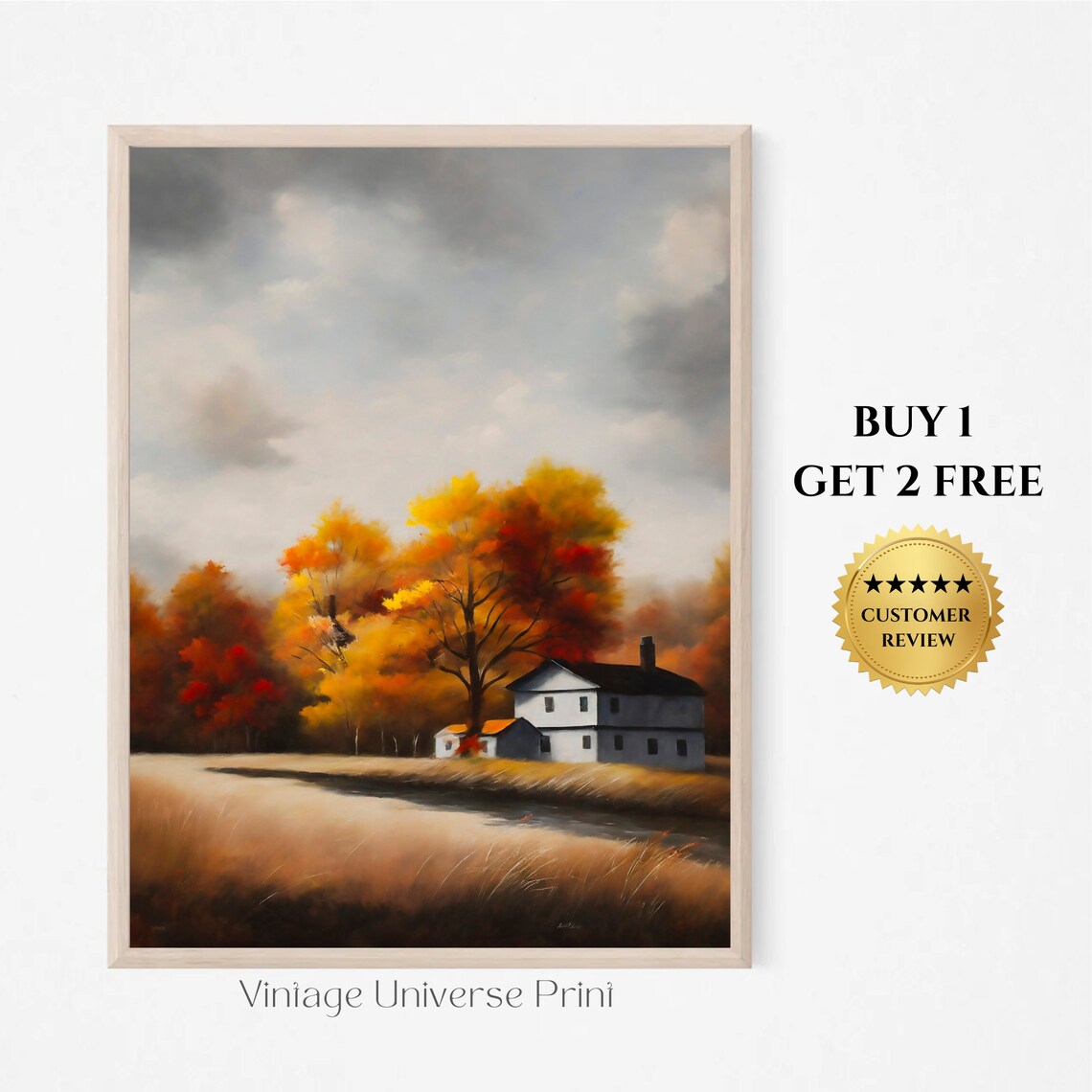 Autumn Farmhouse with Fiery Orange Trees Country Harvest Poster