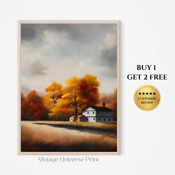Autumn Farmhouse with Fiery Orange Trees Country Harvest Poster