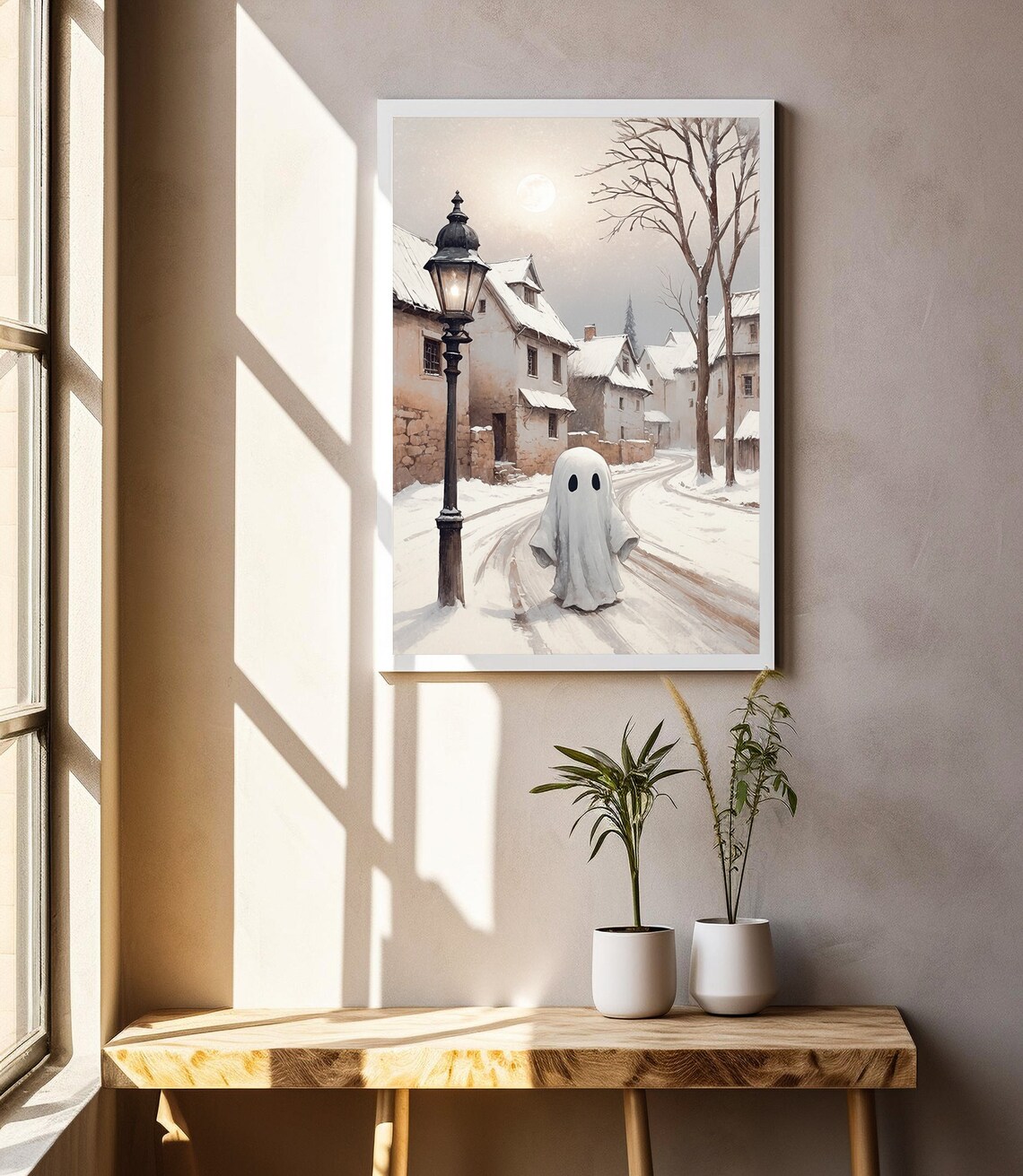 Ghost on Moonlit Snowy Village Lane by Old Street Lamp Print - Image 2