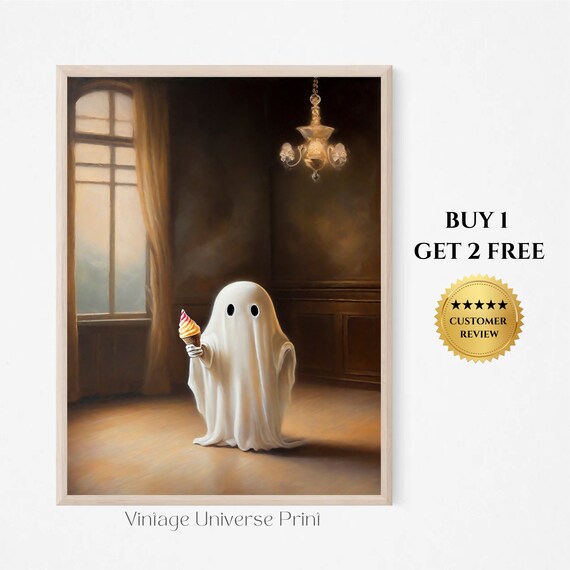 Little Ghost Holding An Ice Cream Cone In A Grand Chandelier Room Print