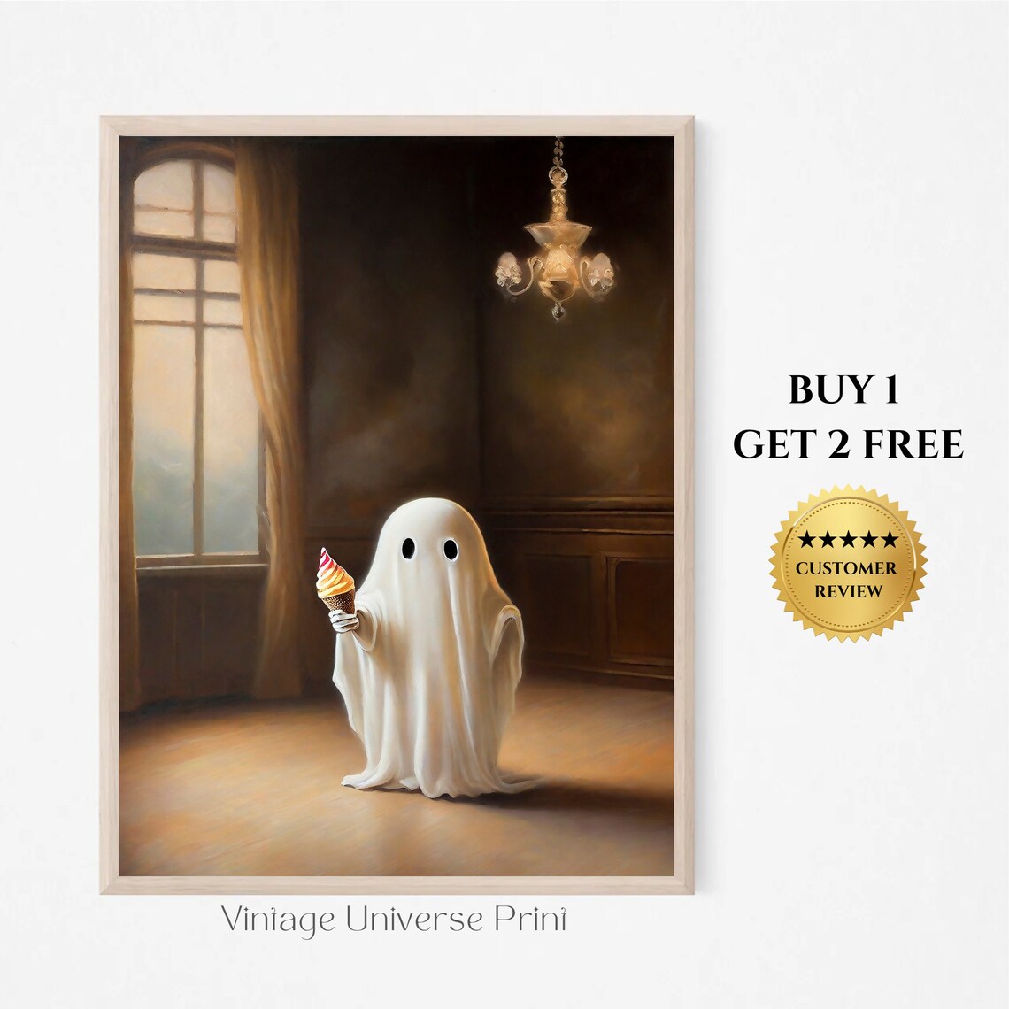 Little Ghost Holding An Ice Cream Cone In A Grand Chandelier Room Print