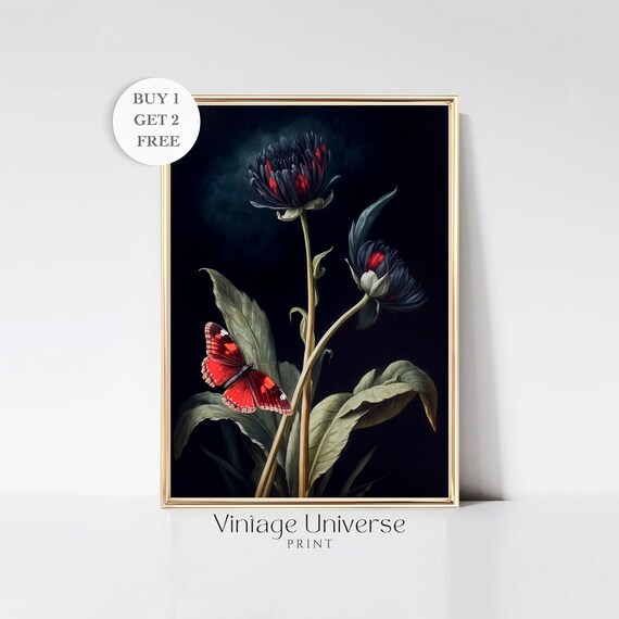 Moody Flower Painting Moody Flower Wall Art Vintage Floral Wall Art Antique Botanical Art Print Farmhouse Wall Art