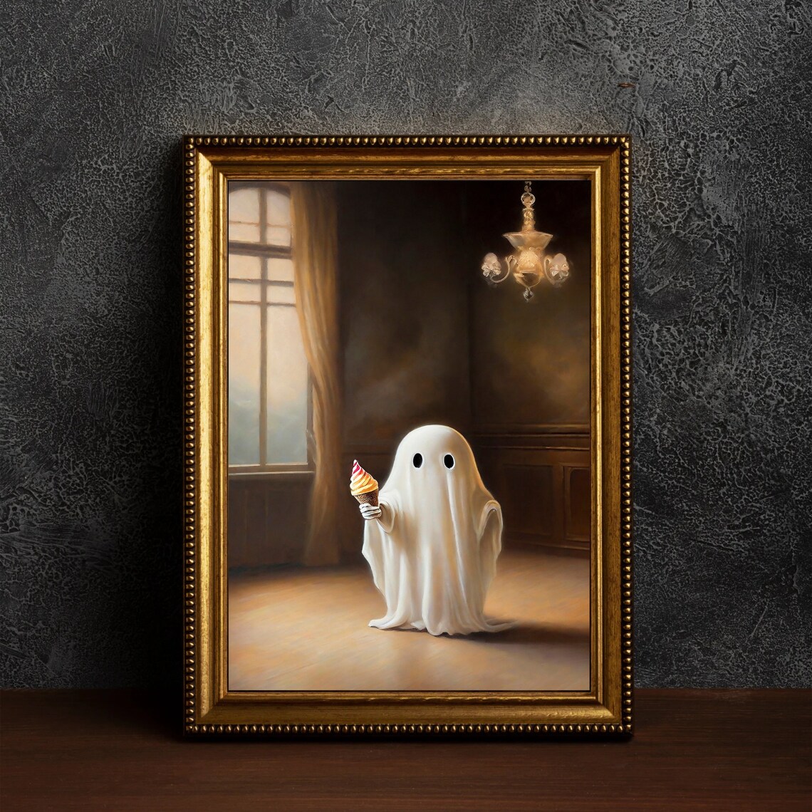 Little Ghost Holding An Ice Cream Cone In A Grand Chandelier Room Print - Image 4