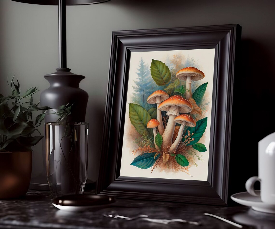Vintage Orange Mushrooms Botanical Study Woodland Fungi Poster - Image 2