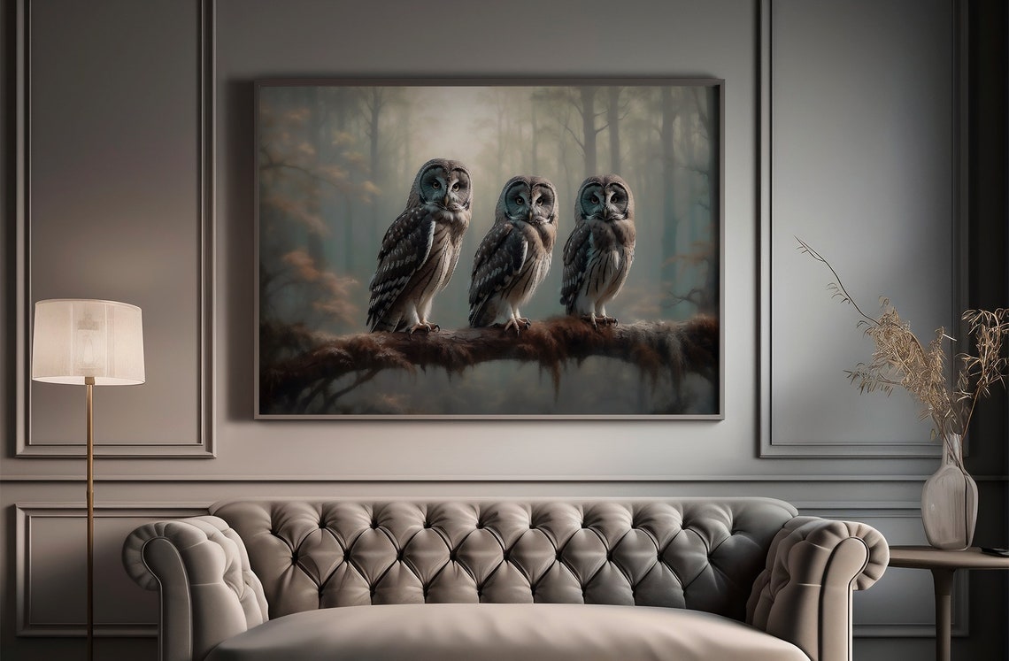 Three Owls on a Branch in a Misty Forest Vintage Bird Art Print - Image 4