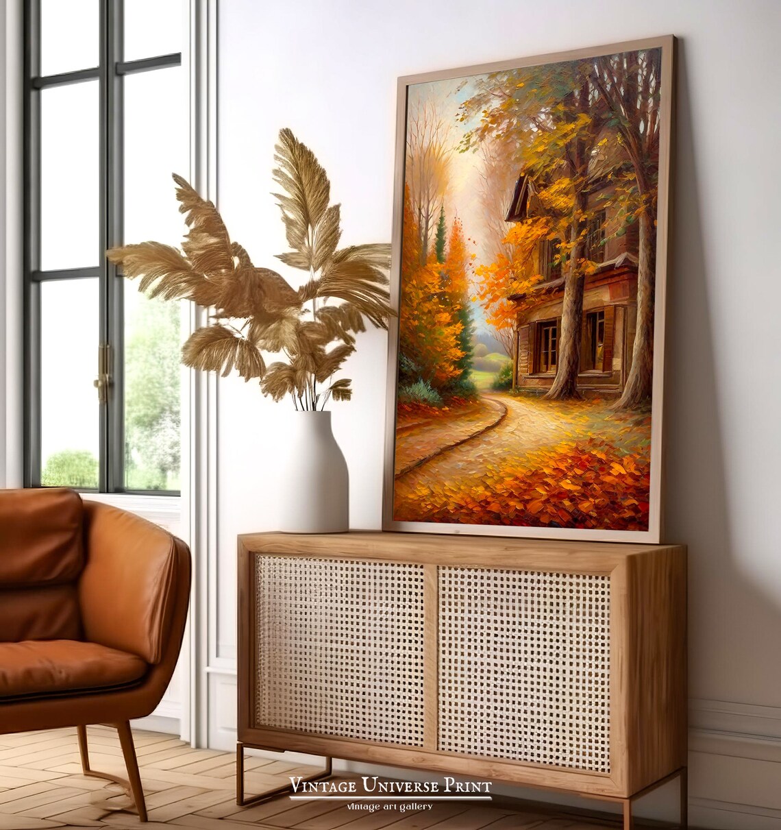 Rustic House On An Autumn Forest Road With Golden Leaves Wall Art - Image 3