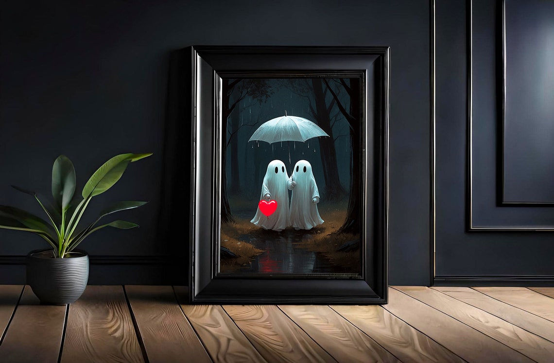 Cute Ghosts In The Rain Print Ghost With The Umbrella In The Forest Spooky Cute Ghosts Fall Wall Art Halloween Decor 142 - Image 3