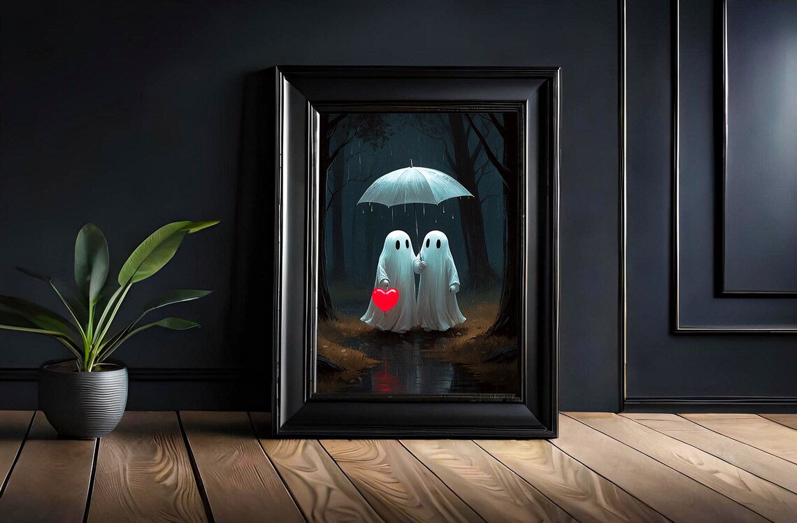 Two Ghosts Sharing An Umbrella In The Rain With A Red Heart Halloween Art Print - Image 3