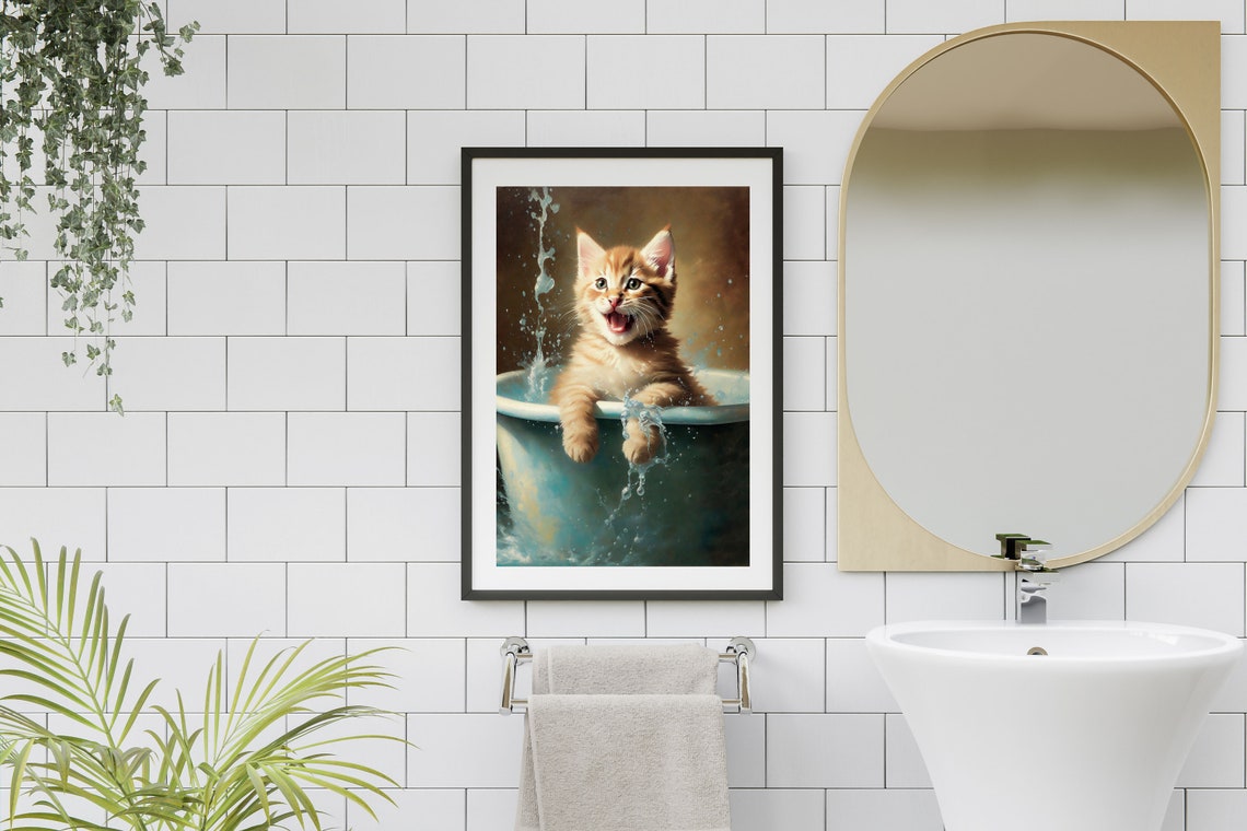 Playful Orange Kitten Splashing in a Bathtub with Joy Funny Cat Poster - Image 5