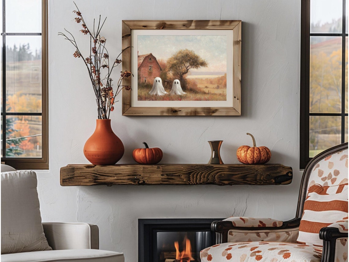 Cute Ghost Pair At Old Red Barn Autumn Meadow Halloween Decor Poster - Image 4
