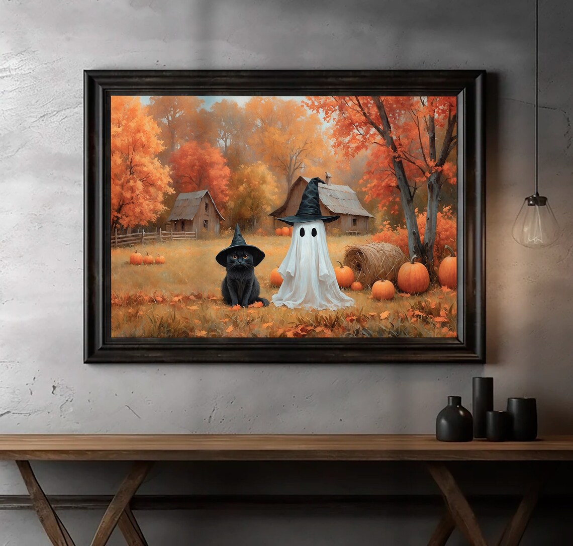 Ghost And Black Cat In Witch Hats At Autumn Pumpkin Farm Halloween Painting Poster - Image 2