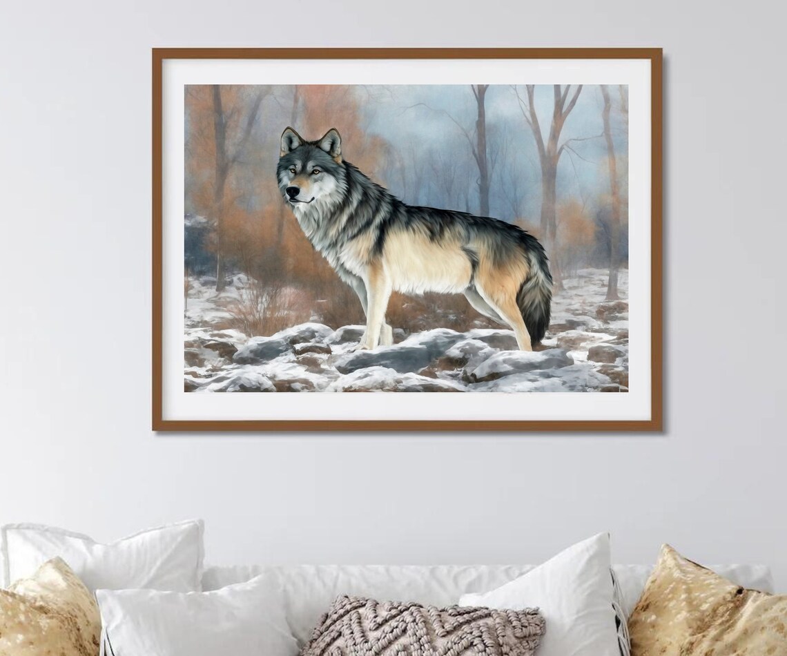 Grey Wolf Snowy Rocks Winter Forest Scene Majestic Wildlife Print - Image 2