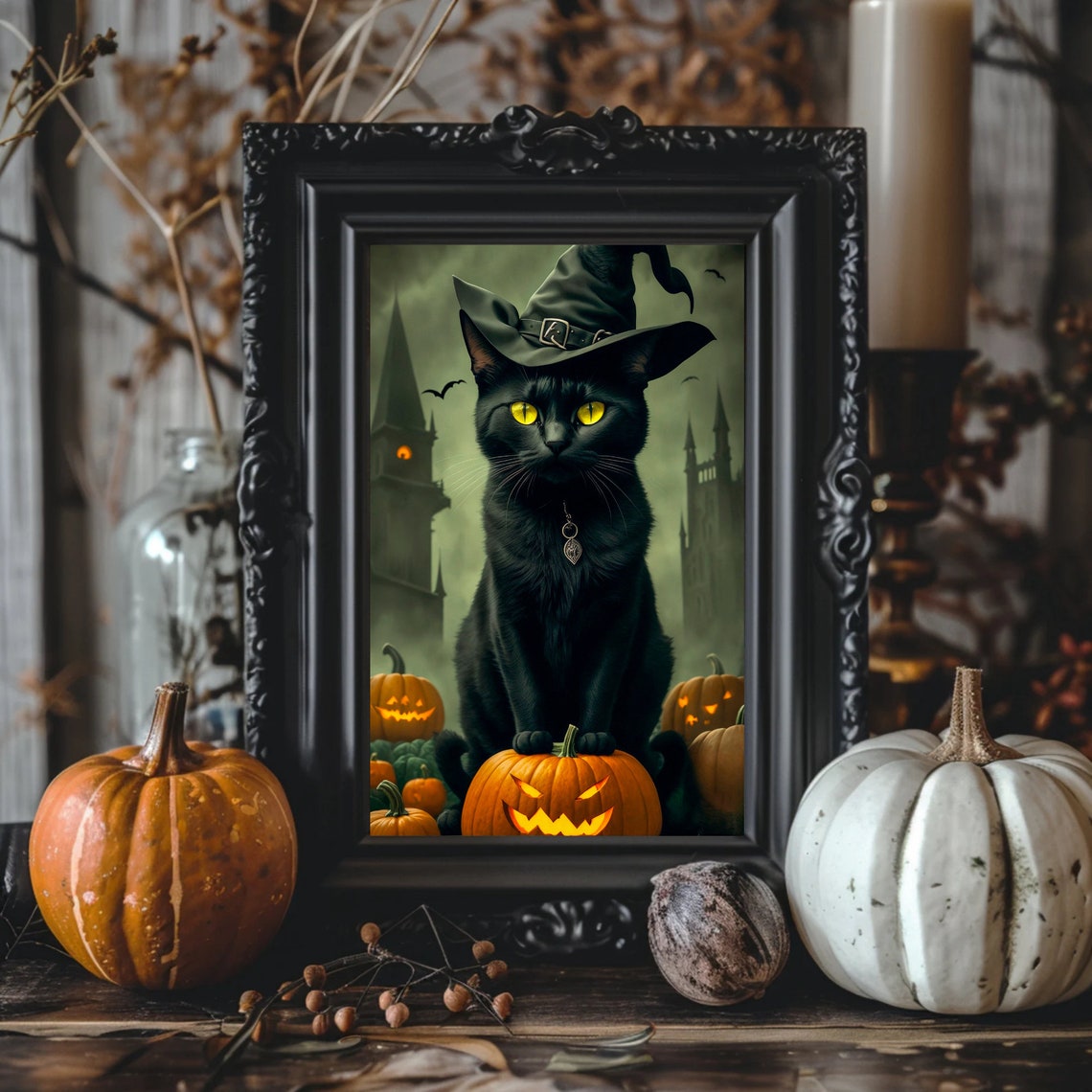 Vintage Black Cat in Witch Hat on Jack O Lantern Halloween Poster - Image 4