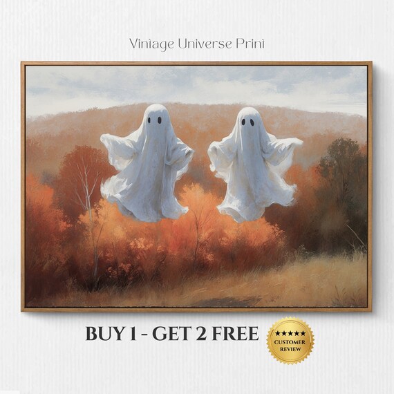 Ghosts In Fall Autumn Forest Landscape Vintage Oil Painting Spooky Country Halloween Decor Cottage Farmhouse Moody Autumn Painting
