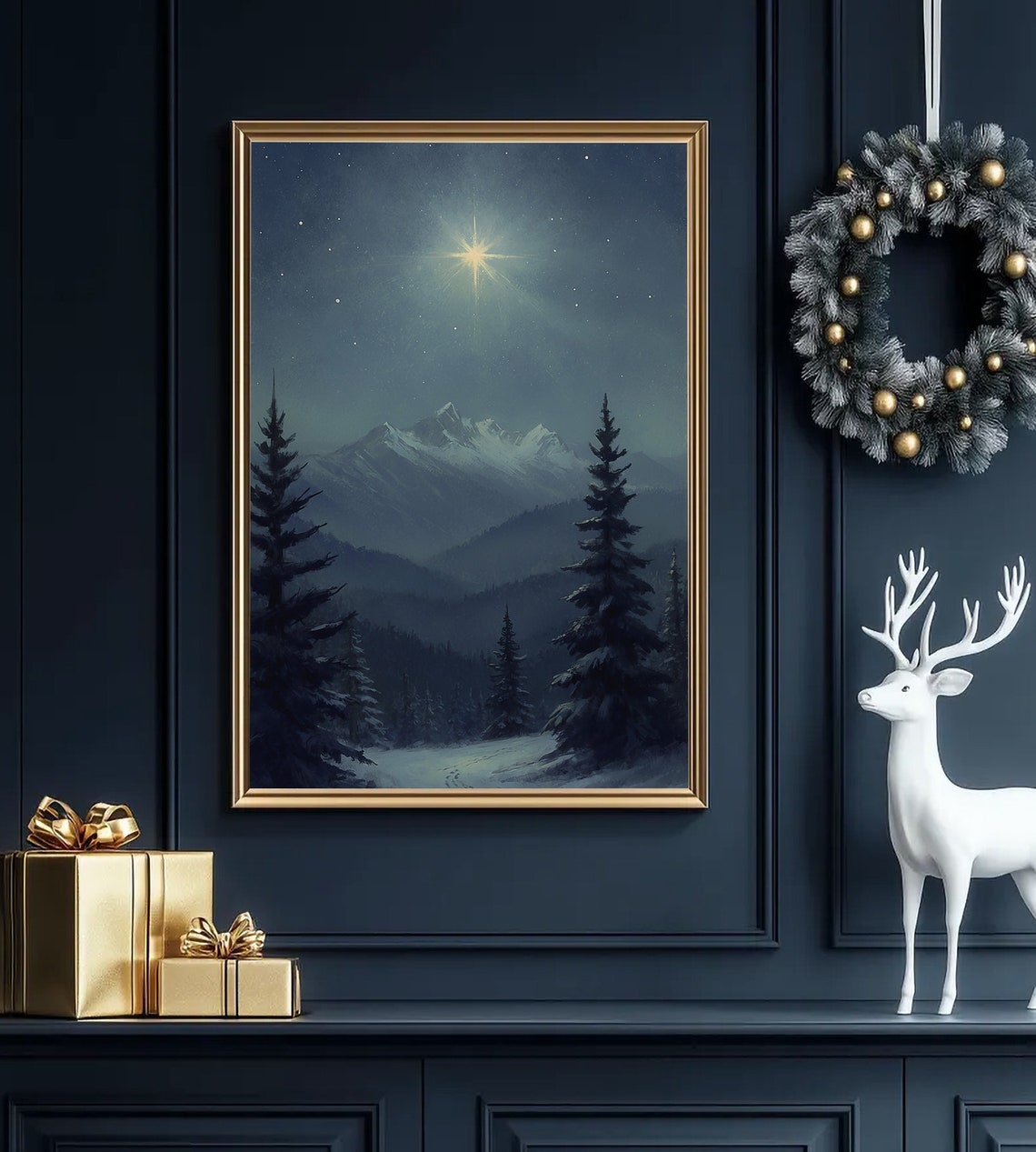Snowy Mountain Night Bright Star Pine Forest Christmas Poster - Image 3
