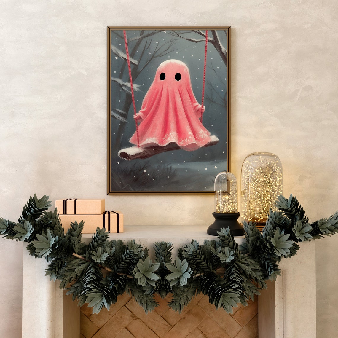 Pink Ghost on Swing in Snowy Forest at Night Whimsical Print - Image 4