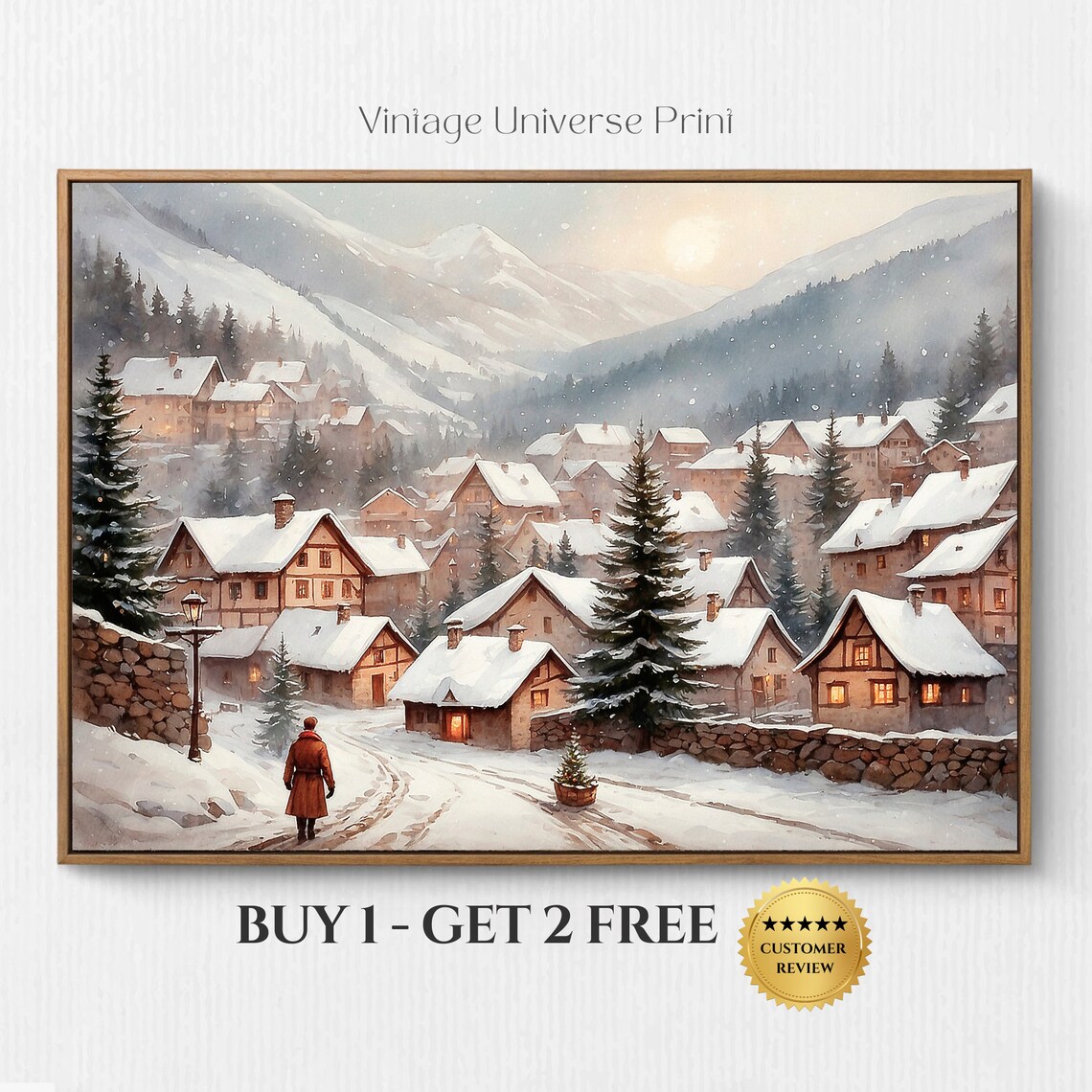 Snowy Mountain Village at Christmas Vintage Winter Scene Poster