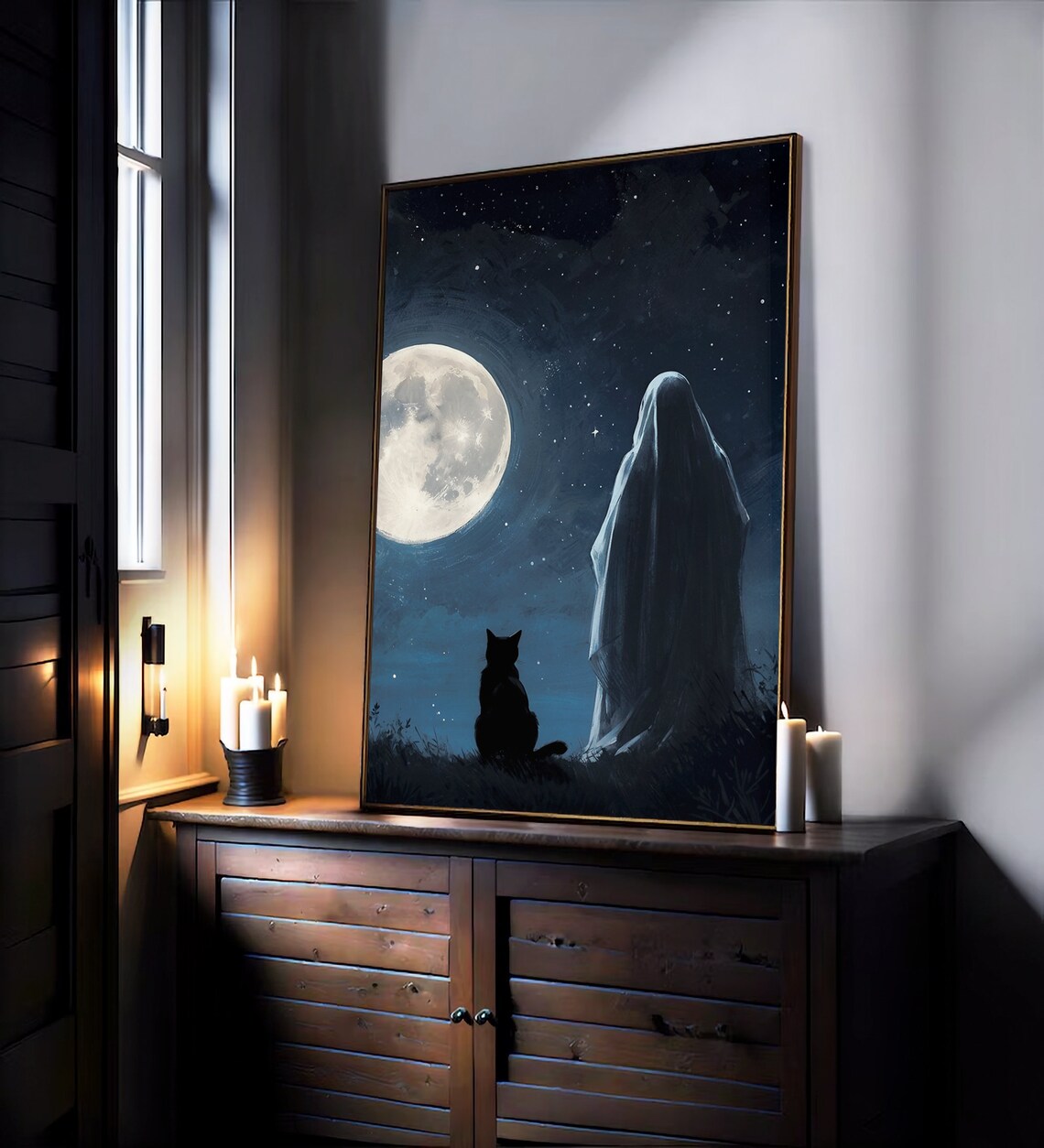 Ghost And Black Cat Gazing At A Full Moon In A Starry Night Sky Painting Poster - Image 2