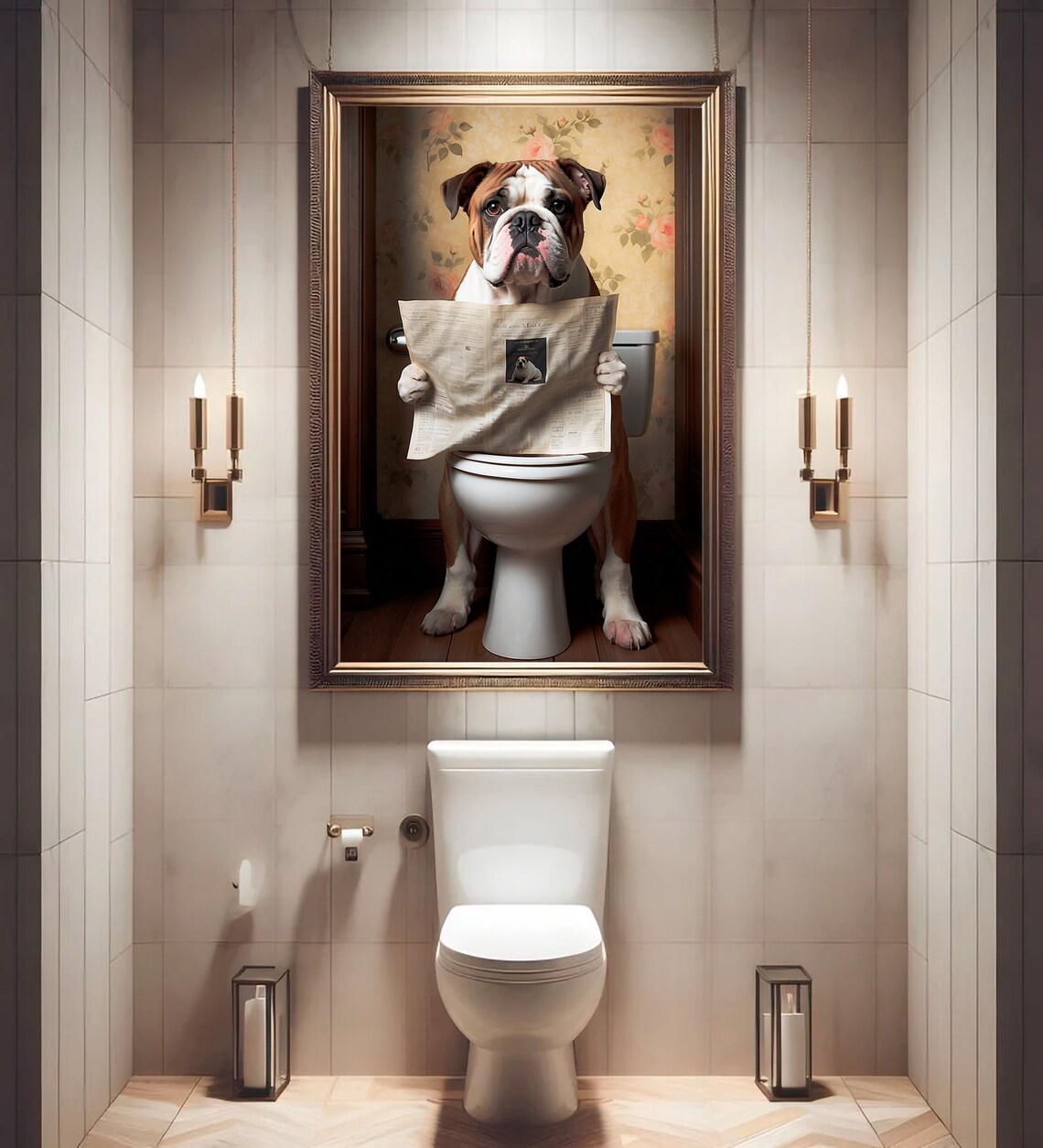 English Bulldog Reading A Newspaper On The Toilet Dog Poster - Image 4