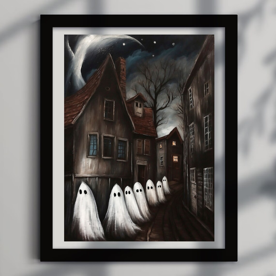 Seven Sheet Ghosts Wandering a Dark Village Street at Night Spooky Poster - Image 4