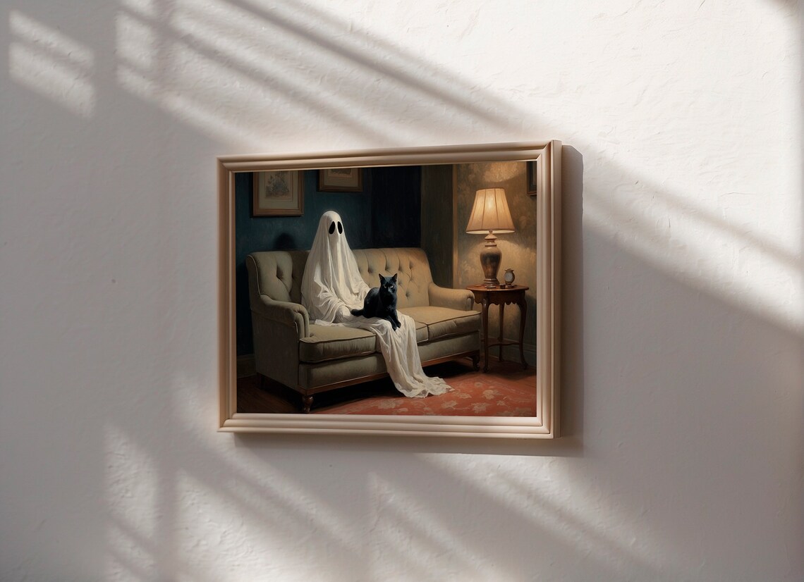Sheet Ghost Lounging On A Vintage Sofa With A Black Cat Cozy Halloween Art Print - Image 3
