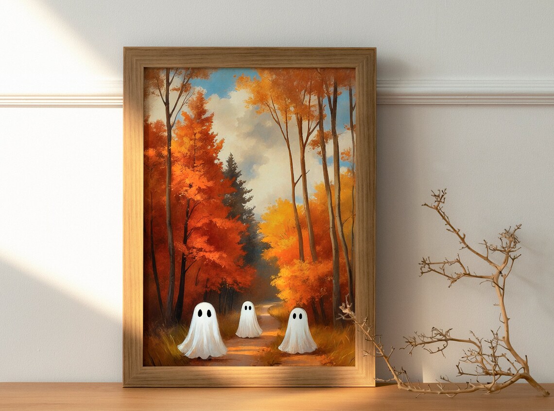 Three Cute Ghosts Wandering A Fiery Orange Autumn Forest Path Vintage Art Print - Image 3
