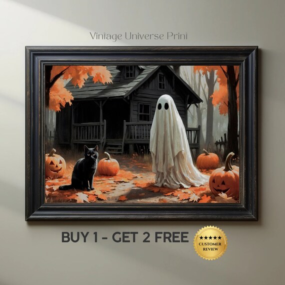 Ghost And Black Cat At A Haunted Autumn Cabin With Jack O Lanterns Art Print