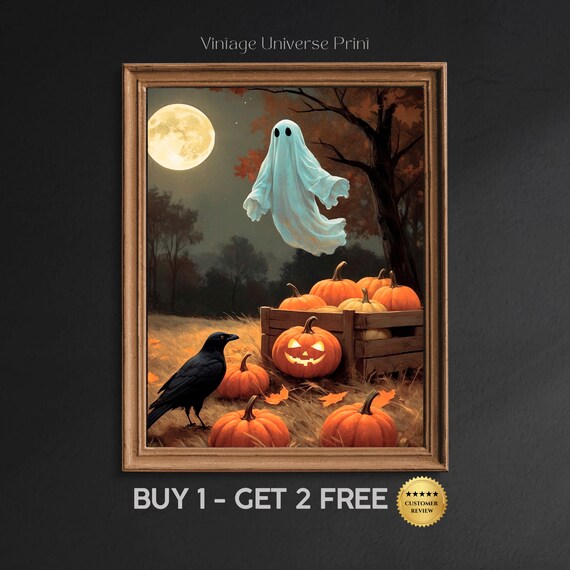 Ghost Over Pumpkin Crate With Crow Under Full Moon Halloween Painting Poster