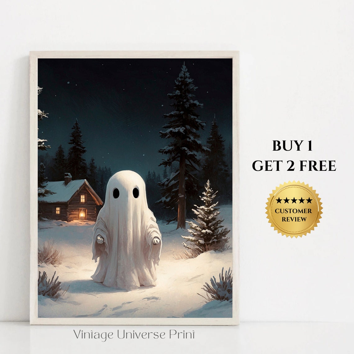 Ghost in Moonlit Snow by Cozy Cabin Starry Winter Night Print