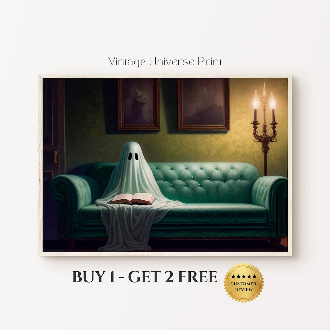 Friendly Ghost Reading a Book on a Green Velvet Sofa Spooky Cute Poster