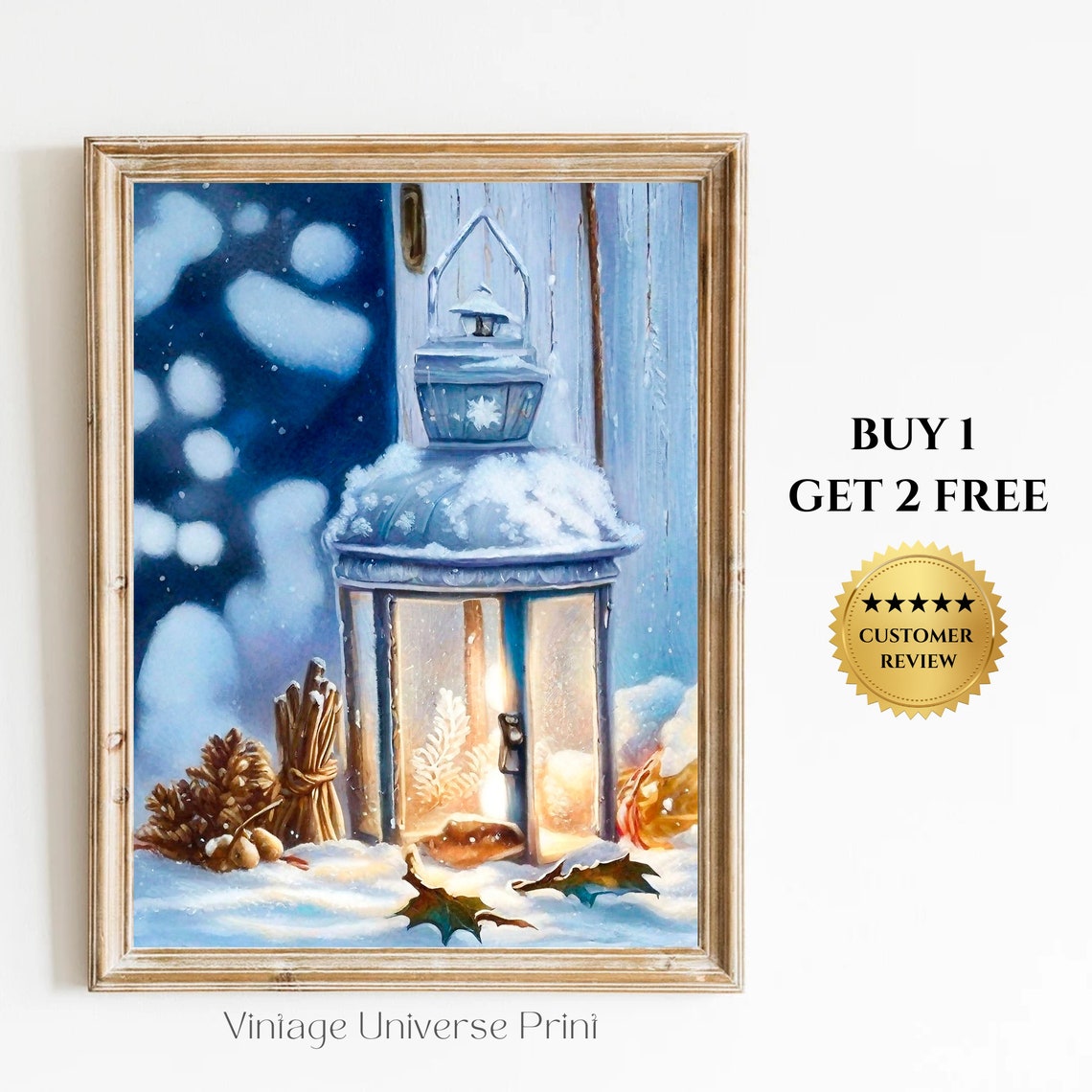 Snowy Candle Lantern Glowing Winter Night Vintage Farmhouse Poster
