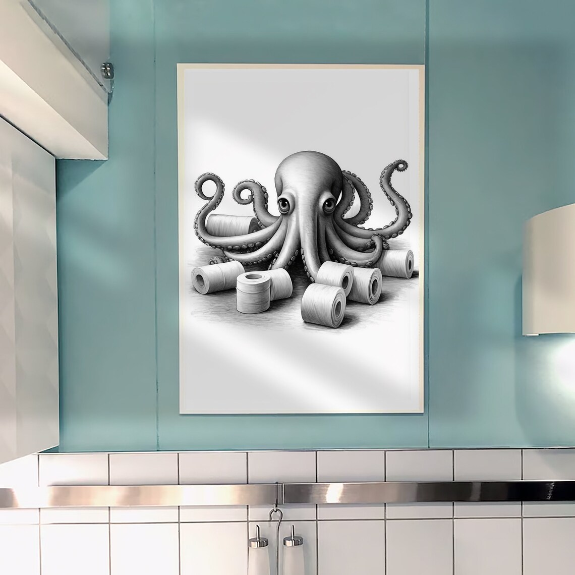 Octopus With Toilet Paper Rolls Black And White Bathroom Poster - Image 2