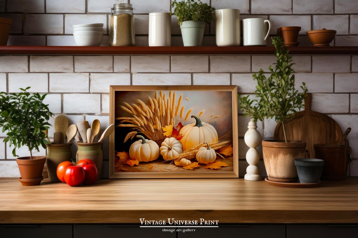 White Pumpkins And Wheat Sheaf Autumn Still Life Painting Wall Art - Image 2