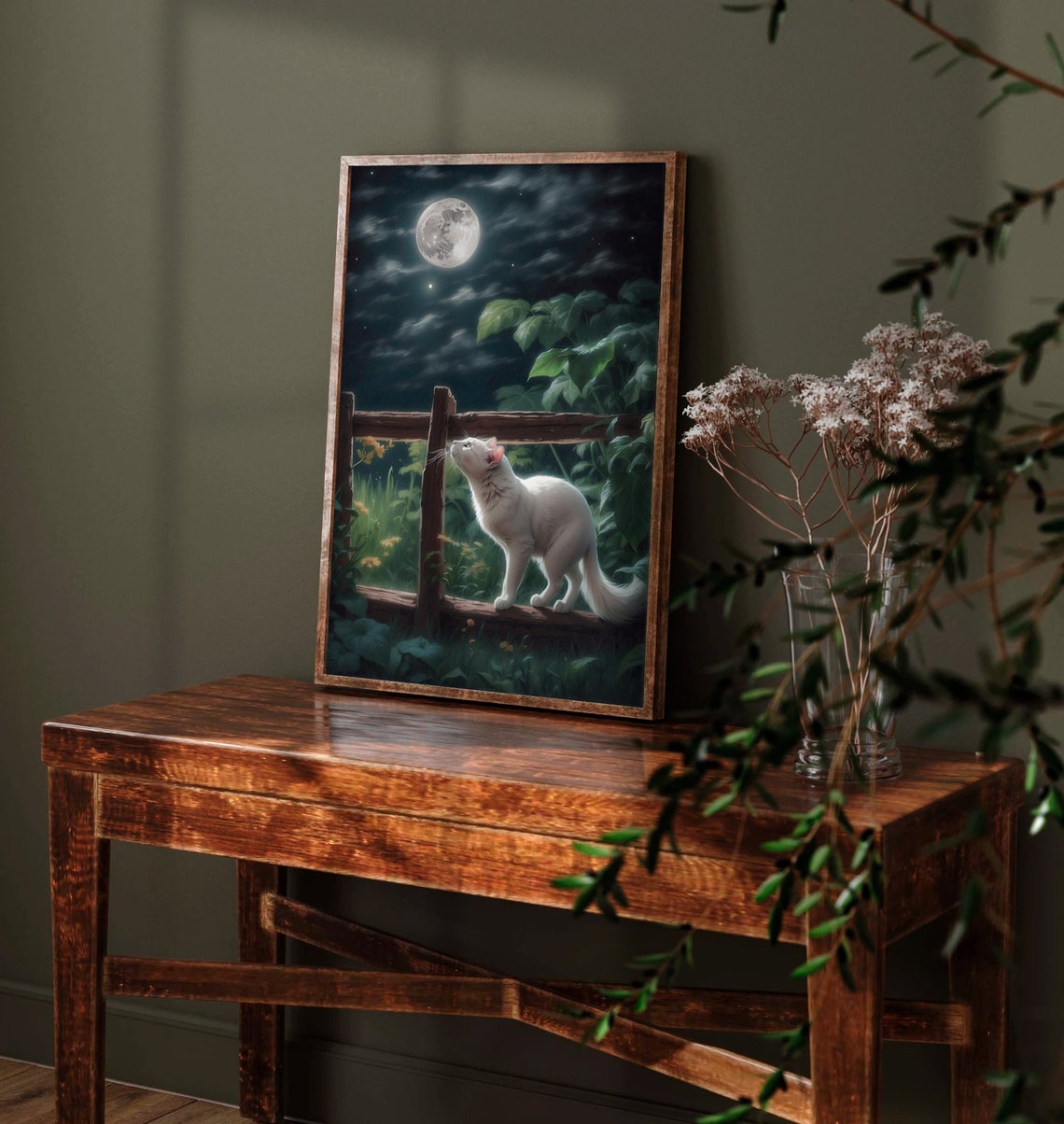 White Cat on a Garden Fence Gazing at the Full Moon at Night Poster - Image 4