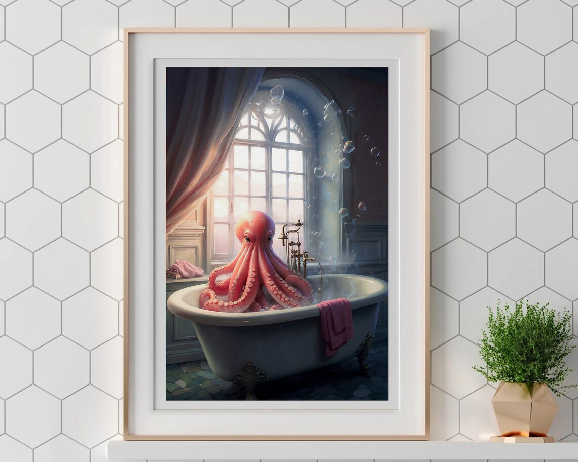 Pink Octopus Soaking In A Clawfoot Bathtub Colorful Bathroom Poster - Image 5