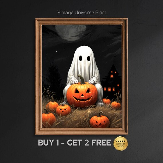 Cute Ghost With Pumpkins Painting Jack O Lantern Print Ghost Halloween Wall Art Decor Moody Cottagecore Artwork Spooky Wall Art 145