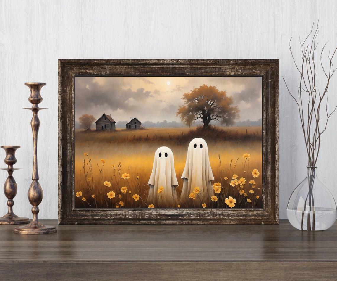 Two Friendly Ghosts In A Golden Flower Field Vintage Fall Poster - Image 3