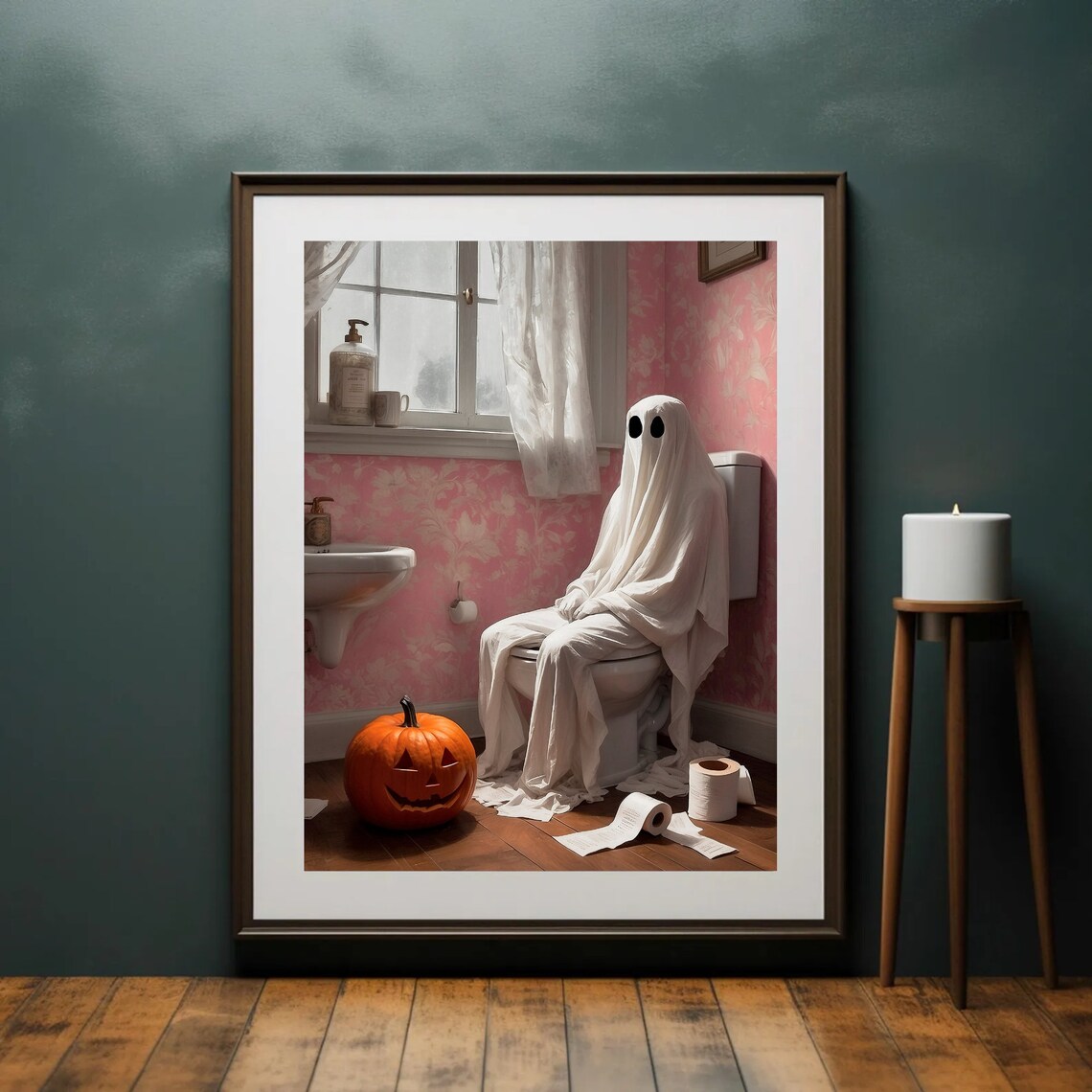 Ghost Sitting On A Toilet In A Pink Floral Bathroom Funny Halloween Art Print - Image 4