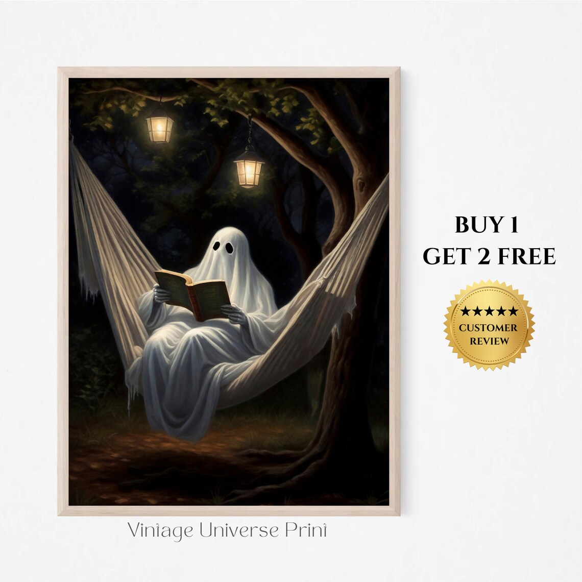 Ghost Reading a Book in a Hammock Under Hanging Lanterns at Night Poster