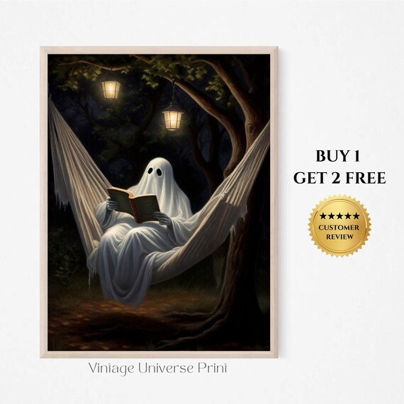 Ghost Reading a Book in a Hammock Under Hanging Lanterns at Night Poster